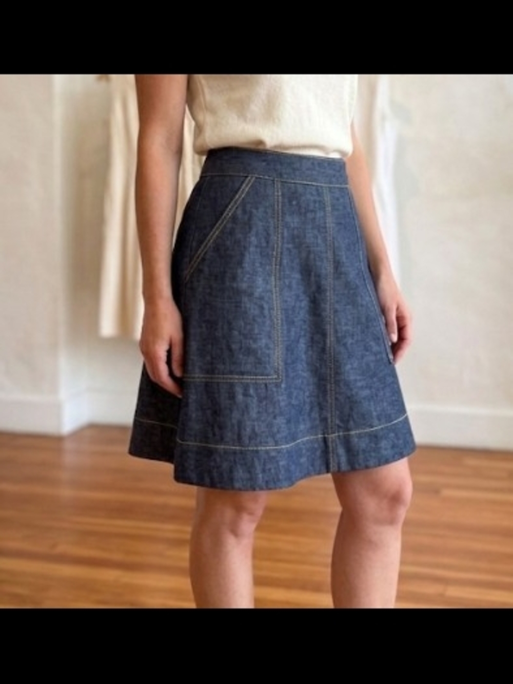 Eileen Fisher Linen A-Line Skirt in Dark Blue with Contrast Stitching - Lux